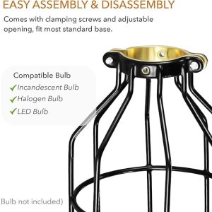 HealSmart Metal Industrial Adjustable Clamp Lamp Cage, Pendant String Light Shade for Lamp Holder, Vintage Farmhouse Light Fixture, 2 Pack Black