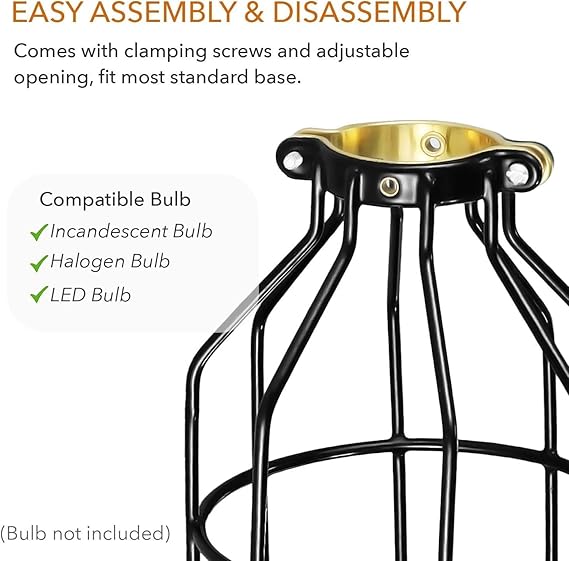 HealSmart Metal Industrial Adjustable Clamp Lamp Cage, Pendant String Light Shade for Lamp Holder, Vintage Farmhouse Light Fixture, 2 Pack Black