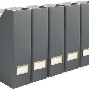 BLU MONACO Décor and Organization with a Set of 6 Cute Magazine Holders, Foldable File Boxes in Grey with Gold Label Holders - Home Office Desktop or Bookshelf Organizer - Magazine Rack Book Bins