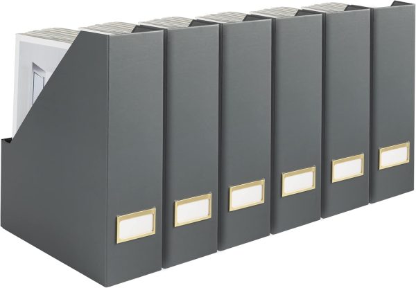 BLU MONACO Décor and Organization with a Set of 6 Cute Magazine Holders, Foldable File Boxes in Grey with Gold Label Holders - Home Office Desktop or Bookshelf Organizer - Magazine Rack Book Bins
