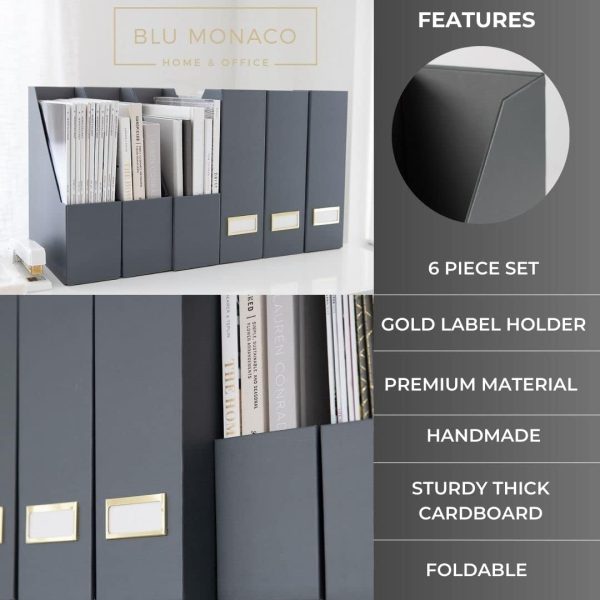BLU MONACO Décor and Organization with a Set of 6 Cute Magazine Holders, Foldable File Boxes in Grey with Gold Label Holders - Home Office Desktop or Bookshelf Organizer - Magazine Rack Book Bins - Image 5