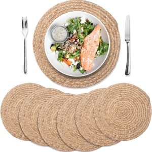 Round Placemats Set of 6, 13.8" Woven Placemats, Rattan Placemats for Dining table, Boho Chargers Plates for Home, Party, Wedding, Thanksgiving and Christmas