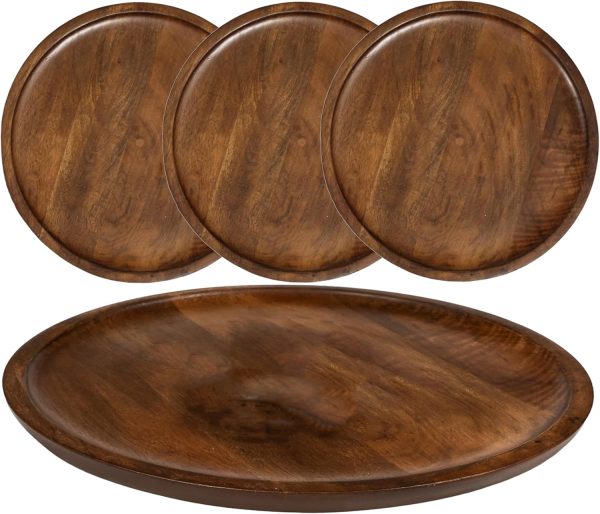 Wood Appetizer Plate, Wood Appetizer Plate Sets, Wood Chargers for Dinner Plates, Wood Placemats, Chargers for Dinner Plates, 11 Inch Wood Appetizer Plate - 4 Pack - Walnut Brown