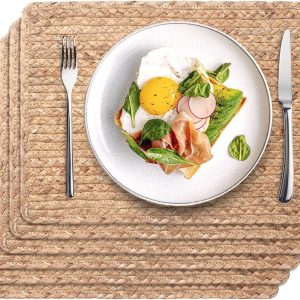 Woven Placemats Set of 6, 17" x 12" Rattan Table Mats, Natural Water Hyacinth Chargers for Dinner Plates, Wicker Placemats for Dining Table, Home, Wedding