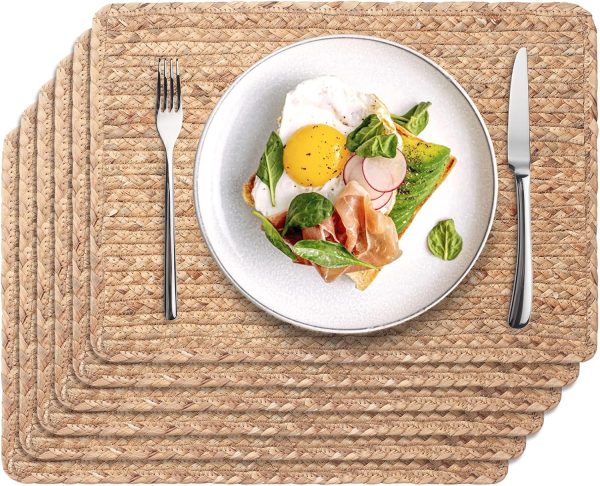 Woven Placemats Set of 6, 17" x 12" Rattan Table Mats, Natural Water Hyacinth Chargers for Dinner Plates, Wicker Placemats for Dining Table, Home, Wedding